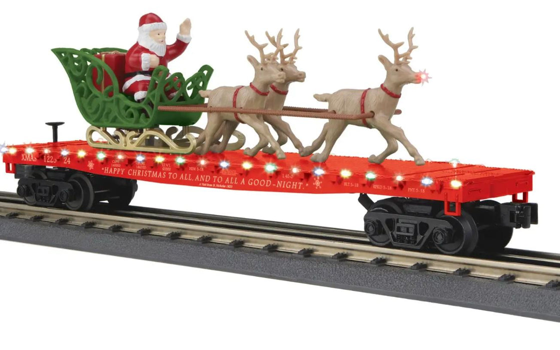 MTH 30-76917 LED Santa Sleigh & Reindeer Flat Car RED