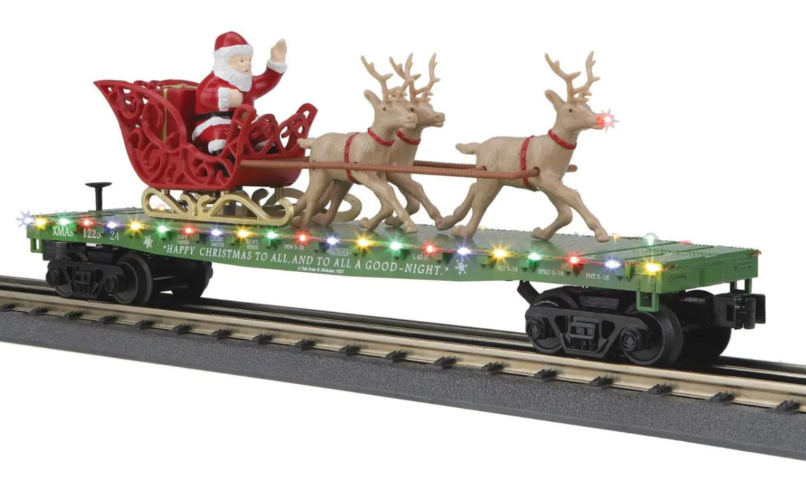 MTH 30-76918 LED Santa Sleigh & Reindeer Flat Car GREEN