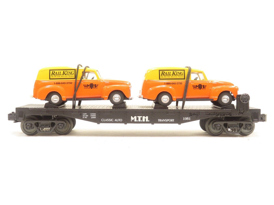 MTH 30-7681 MTH Transport Flatcar w/ ERTL '51 Panel Vans LN