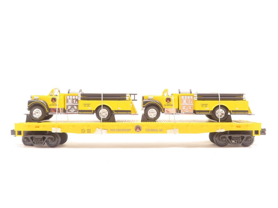 MTH 20-98159 MTH Transportation Co. #2002 Flatcar w/Yellow Die Cast Fire Trucks