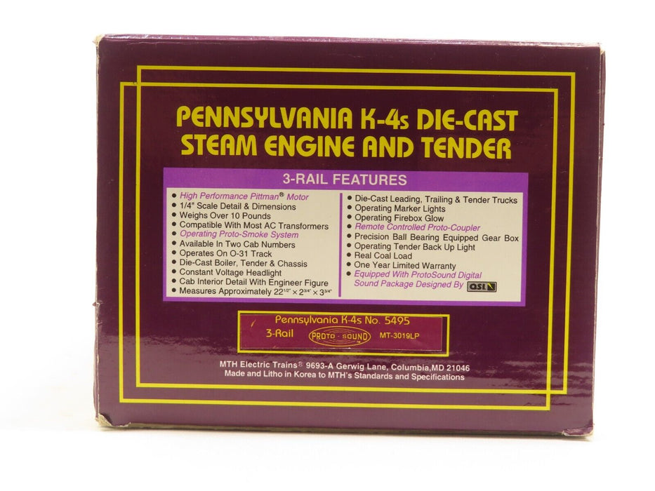 MTH MT-3019LP Pennsylvania K-4 Steam Engine No. 5495 w/protosound LN