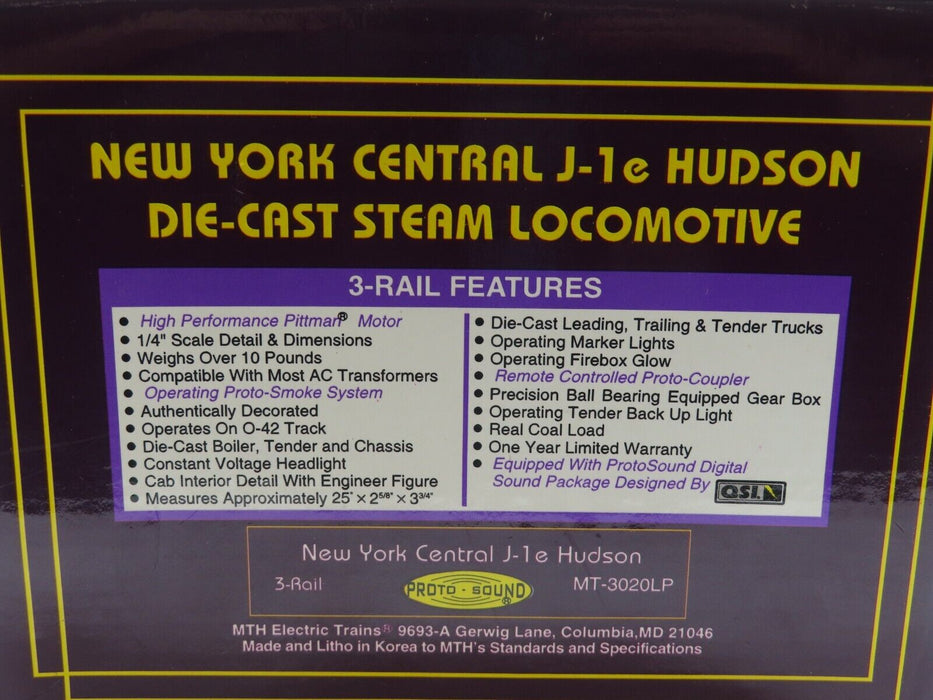 MTH MT-3020LP New York Central J-1 e Hudson w/Protosound LN