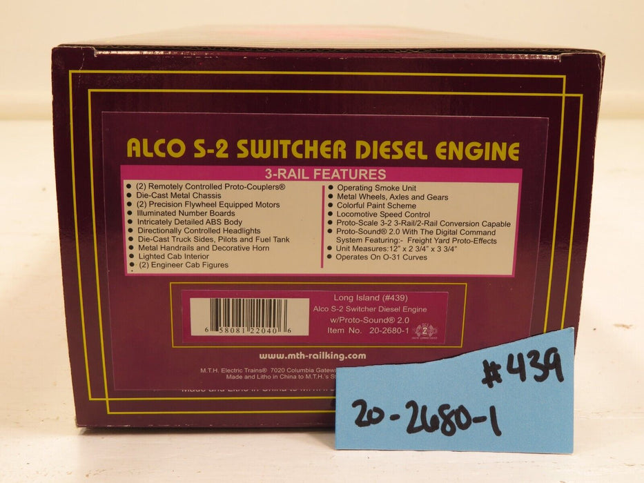 MTH 20-2680-1 Long Island LIRR #439 Alco S-2 Switcher Diesel w/Proto 2.0 LN VHTF