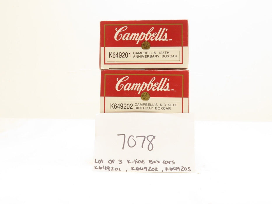 K-Line Lot of 3 Campbell's Boxcars K649201, K649202, K649203 NIB 7078