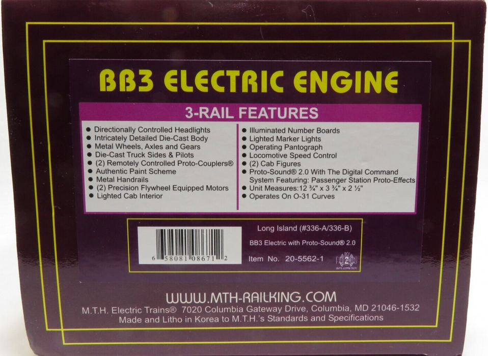 MTH 20-5562-1 Long Island BB-3 Electric Engines PS2 Cab #336 A&B NIB