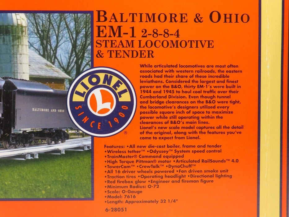 Lionel 6-28051 Baltimore & Ohio EM-1 2-8-8-4 w/TMCC Railsounds LN