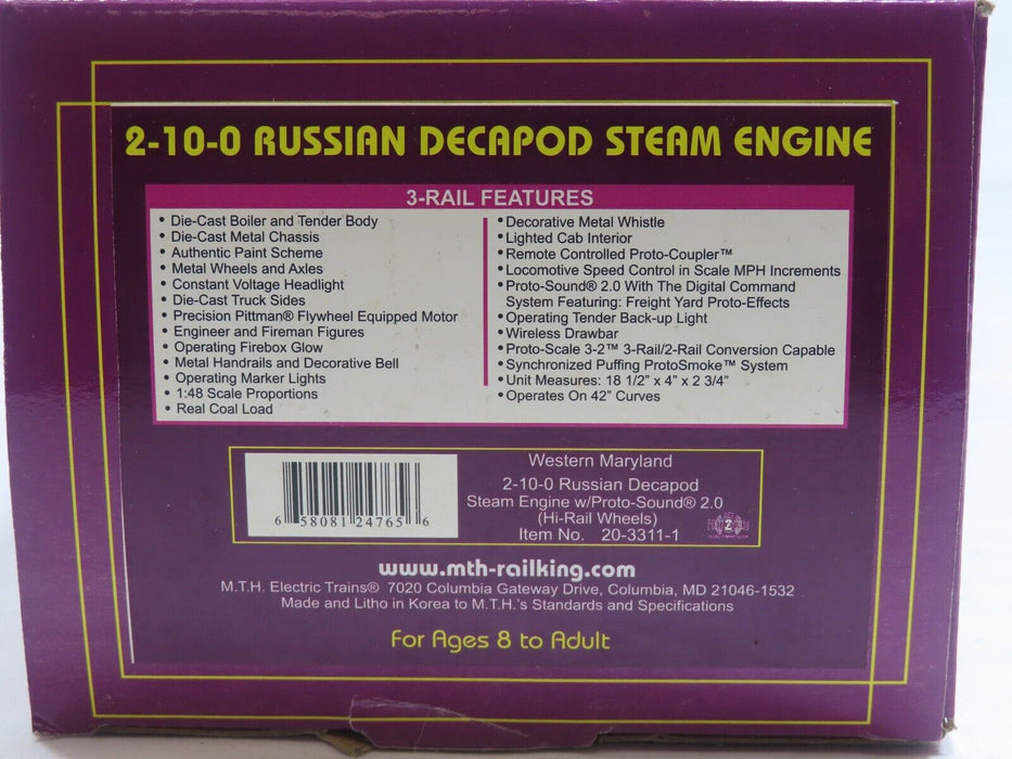 MTH 20-3311-1 Western Maryland 2-10-0 Russian Decapod Loco w/Protosound 2 LN