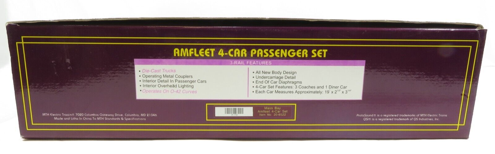 MTH 20-6522 Mass Bay 4-Car Amfleet Passenger Car Set NIB