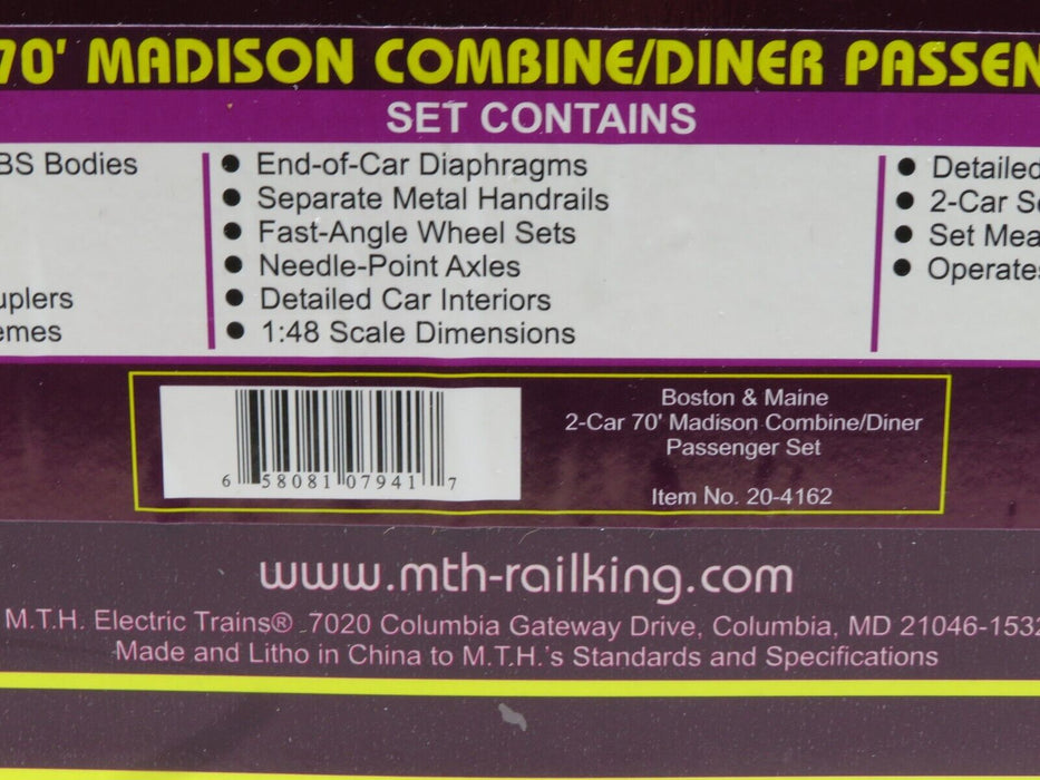 MTH 20-4162 Boston & Maine 2 Car 70' Madison Combine & Diner Add-On Cars  NIB