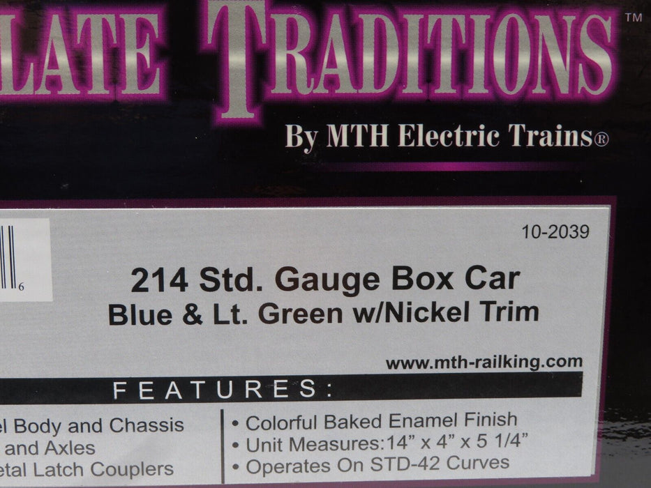 MTH 10-2039 214 Std. Gauge Box Car Clue & Lt Green w/Nickel Trim NIB