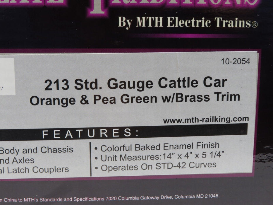 MTH 10-2054 213 Std. Gauge Cattle Car Orange & Pea Green w/Brass Trim NIB
