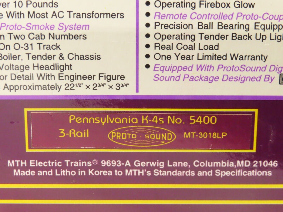MTH MT-3018LP Pennsylvania K-4 Steam Loco w/Protosound LN