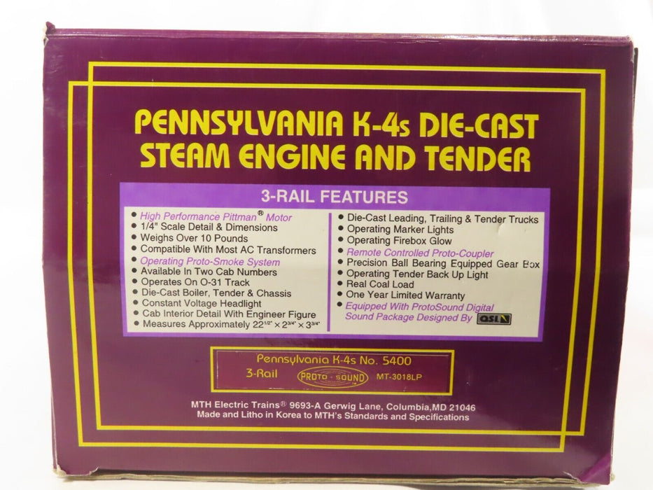 MTH MT-3018LP Pennsylvania K-4 Steam Loco w/Protosound LN