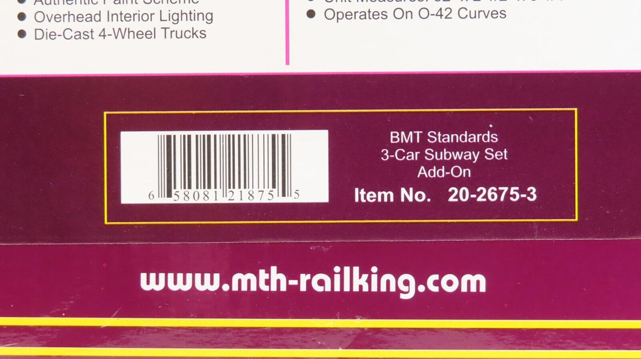 MTH 20-2675-3 BMT Standards 3-Car Subway Set Add-On NIB
