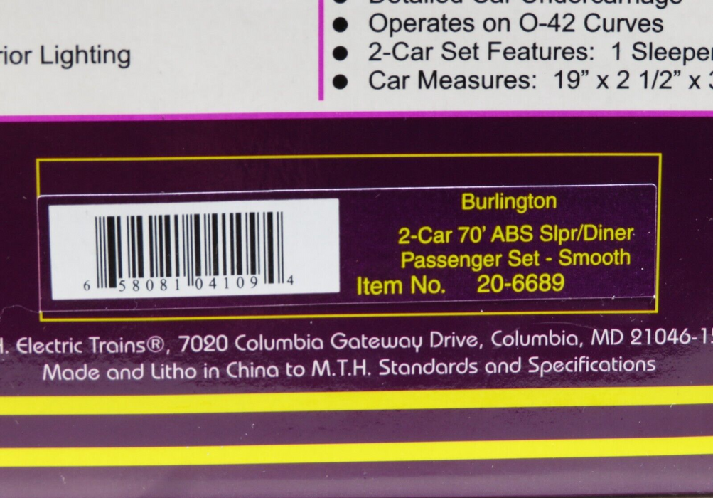 MTH 20-6689 Burlington 2 Car 70' Sleeper & Diner Add-on Cars Smooth NIB