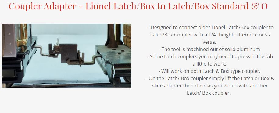 COUPLER ADAPTER - LIONEL LATCH / BOX TO LATCH / BOX W/1/4" HEIGHT DIFFERENCE CA-L-LB-LB